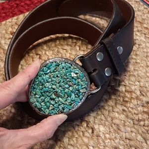 Turquoise Buckle Leather Belt Womens XL